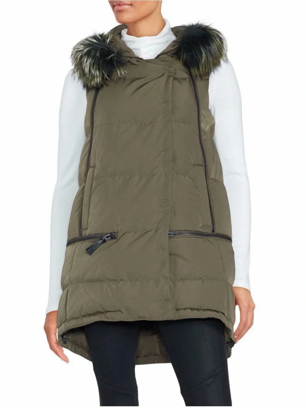 10 Crosby Derek Lam Olive Quilted Fox Fur Trim Puffer Vest, Mint Cond. msrp $795